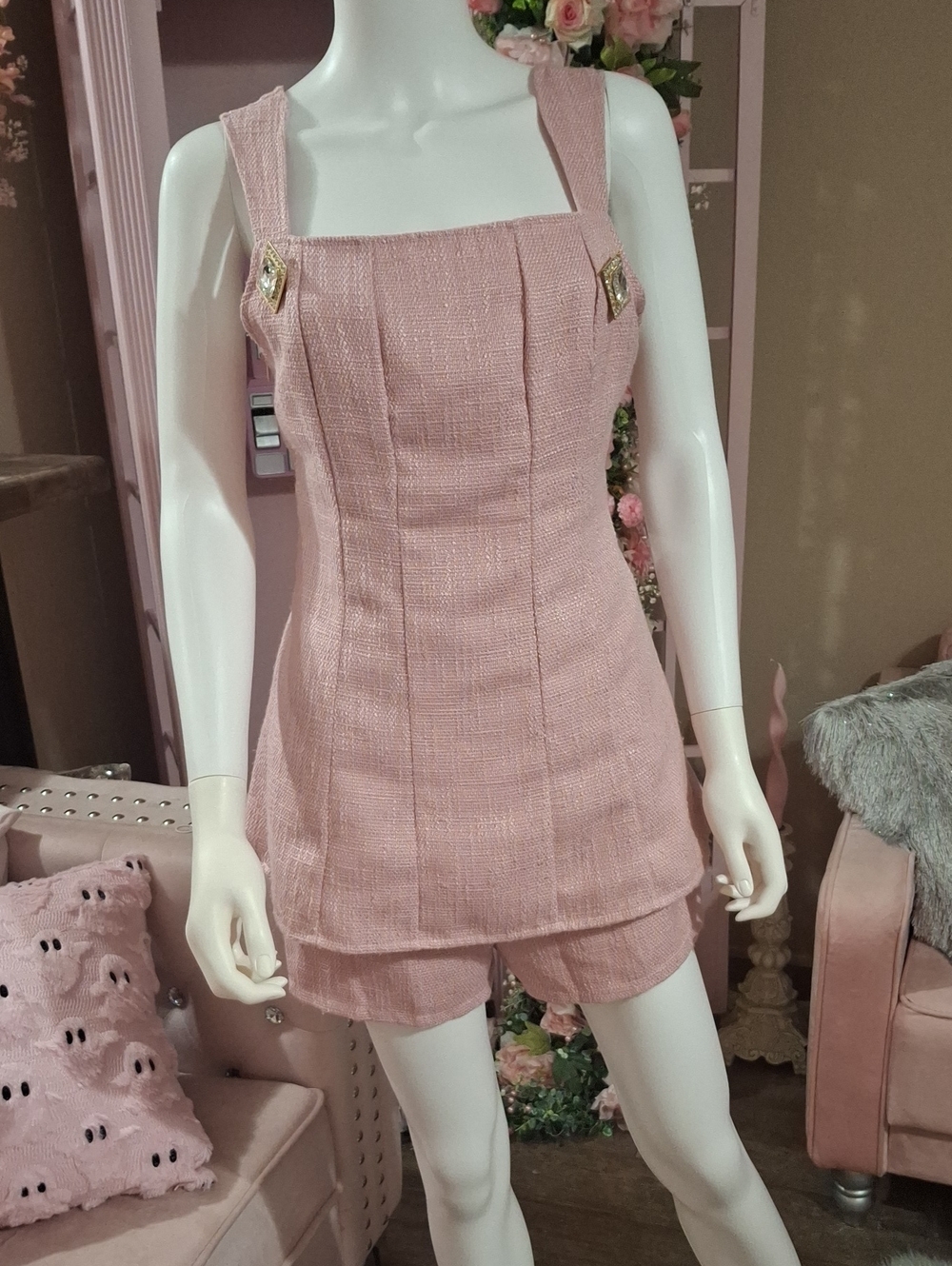 Pink Tweed 2 Piece Set with Satin Bow Back & Embellished Straps  Size S
